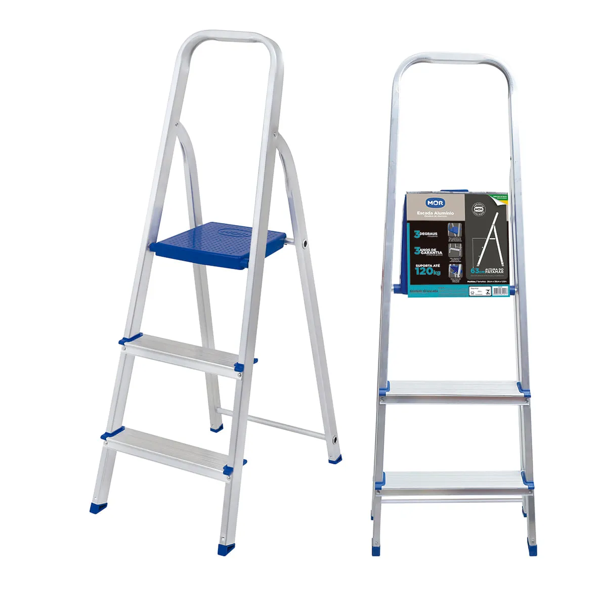 Escada de Alumínio Mor 3 Degraus — Cromada/ Azul