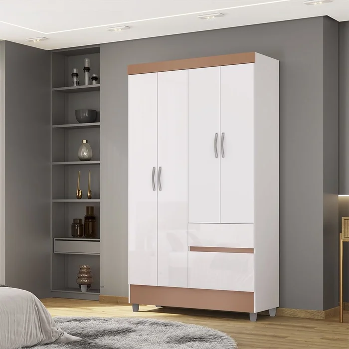 Guarda Roupa  Solteiro Vila Rica Ideal 4 pts — Branco/Camarim