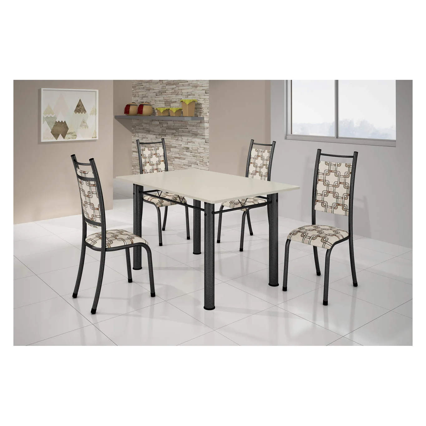 Conjunto de Mesa Bm Monaco c/4 cadeiras Tampo Ardósia/off white 1,20 x 75 — Preto