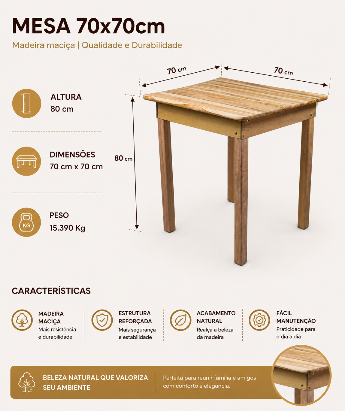 Mesa Avulsa Só Mesas 70cm x 70cm Fixa — Madeira Crua