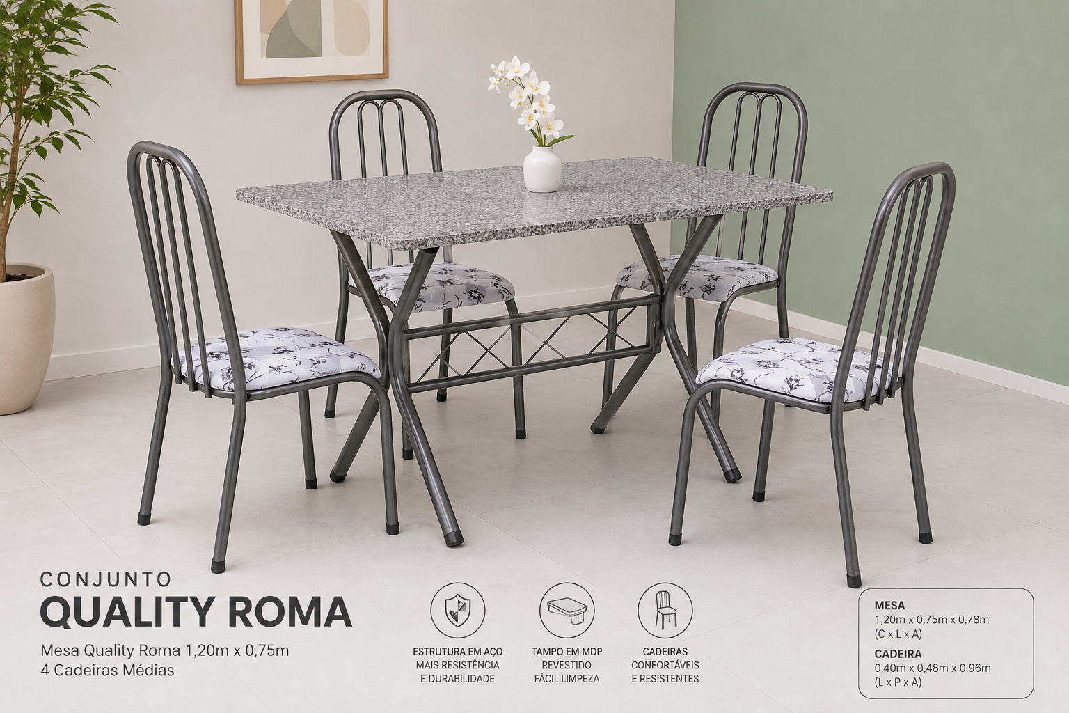 Conjunto de Mesa Quality Roma 1,20m 4 Cadeiras Média — Prata