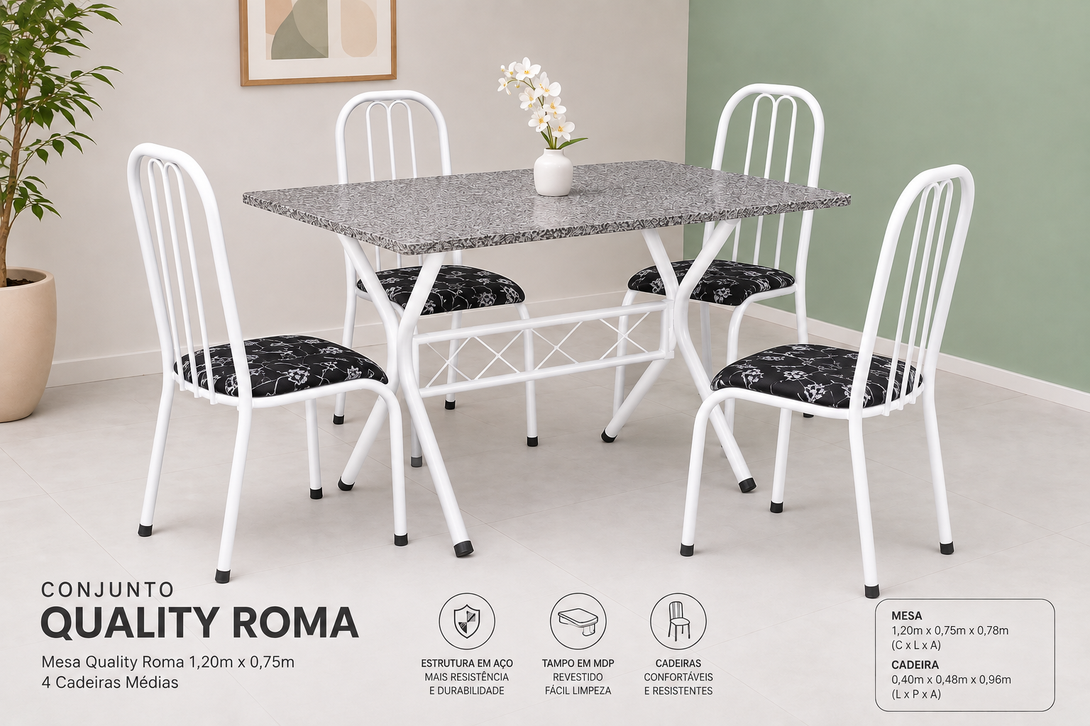 Conjunto de Mesa Quality Roma 1,20m 4 Cadeiras Média — Branca