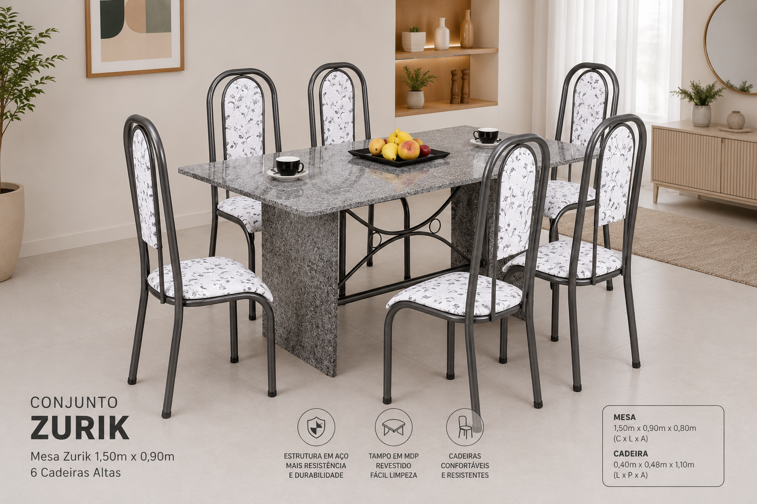 Conjunto de Mesa Quality Zurik 1,50m perna pedra c/encosto — Prata